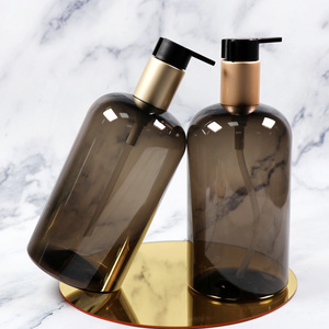 Private label printing 16 oz round empty 500 ml semi-transparent black plastic shampoo bottle with matte gold  pump