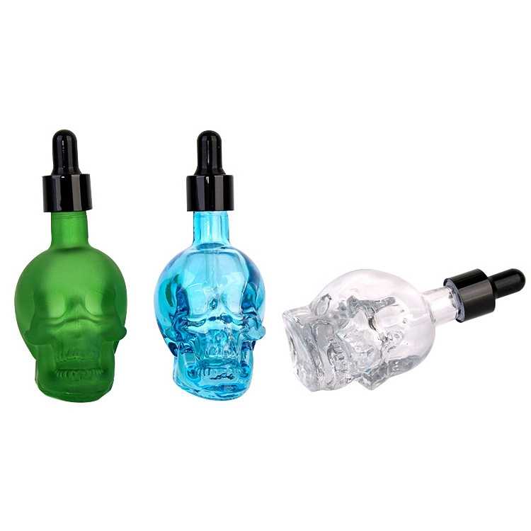 fancy perfume 15ml 30ml 60ml China supplier skull head shape glass skull 1oz glass beard oil dropper bottle for Wine container