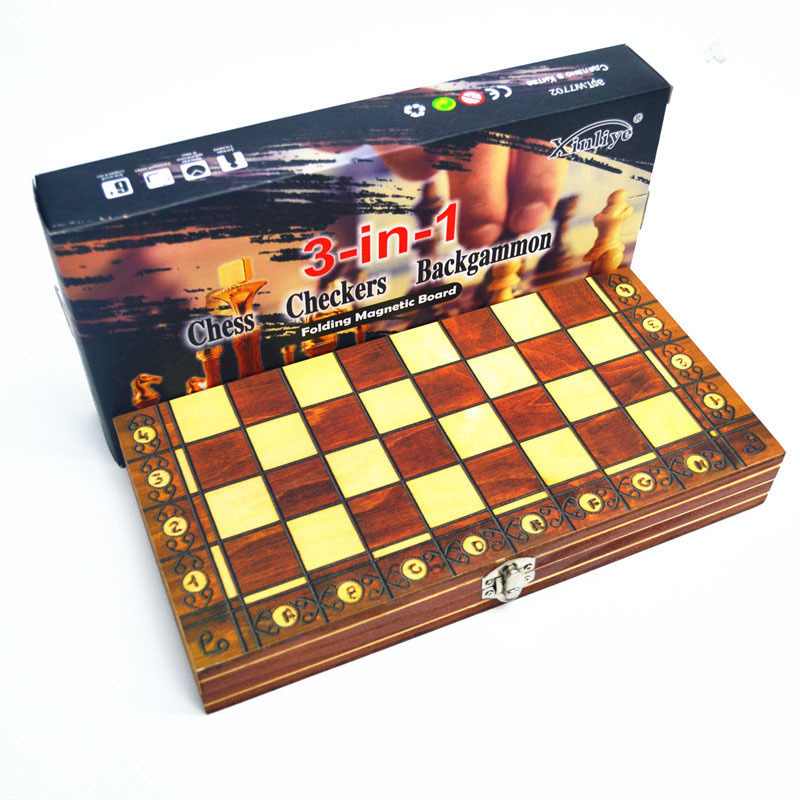 Factory Wholesale Magnetic  3 in 1 chess set Handmade Wooden Foldable Internal Storage Space Chess Board Game