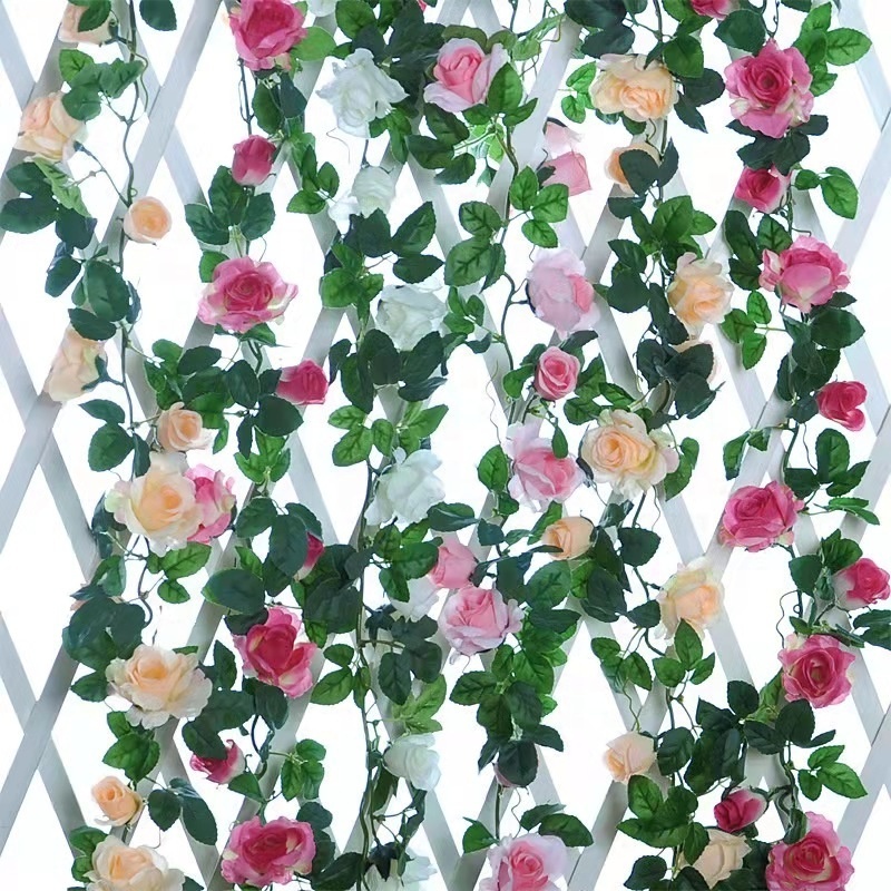 Wholesale artificial rose vine silk rose hanging vine flowers garland Hanging Rose Ivy for wedding arch garden wall decor