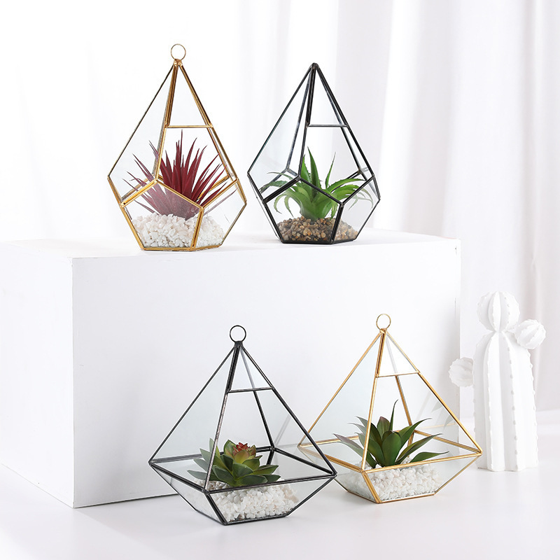 New product ideas 2021 valentines day gift glassware gift sets vase glass gold geometric terrarium for home wedding decoration