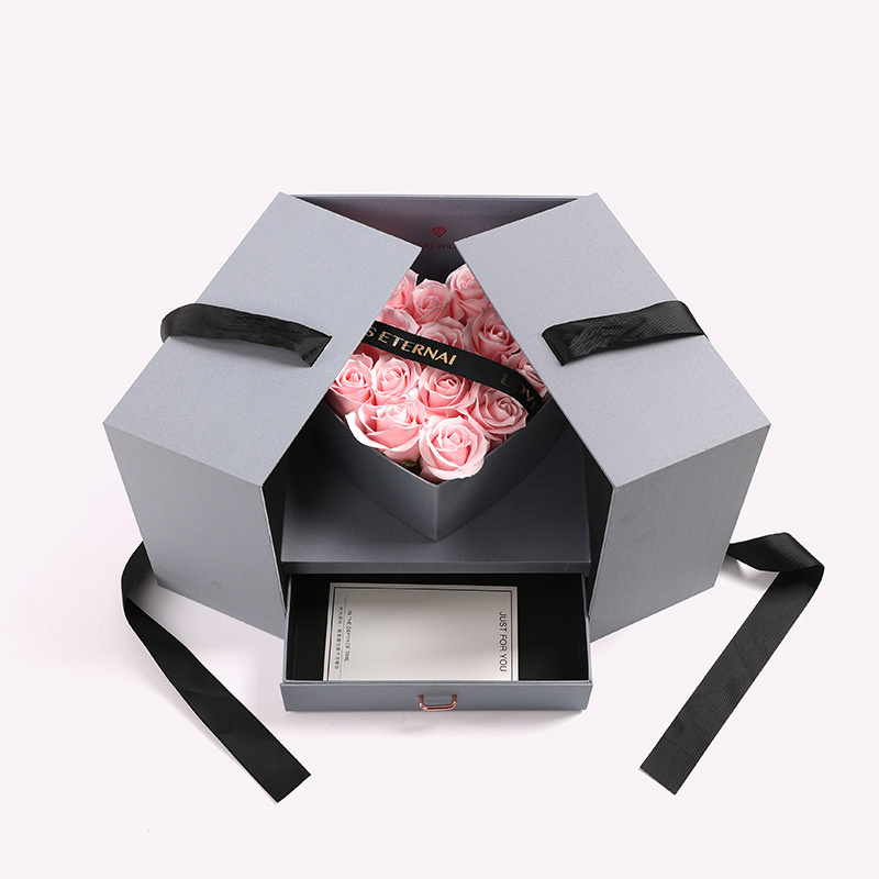 Wholesale Luxury square cardboard gift soap rose heart shape flower packaging box with drawer for Valentine's Day