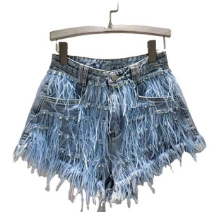 New Summer Diamonds Ostrich Feather Tassel Blue Denim Shorts Female Fashion Denim Jeans Trousers Pants Short Jeans For Women.