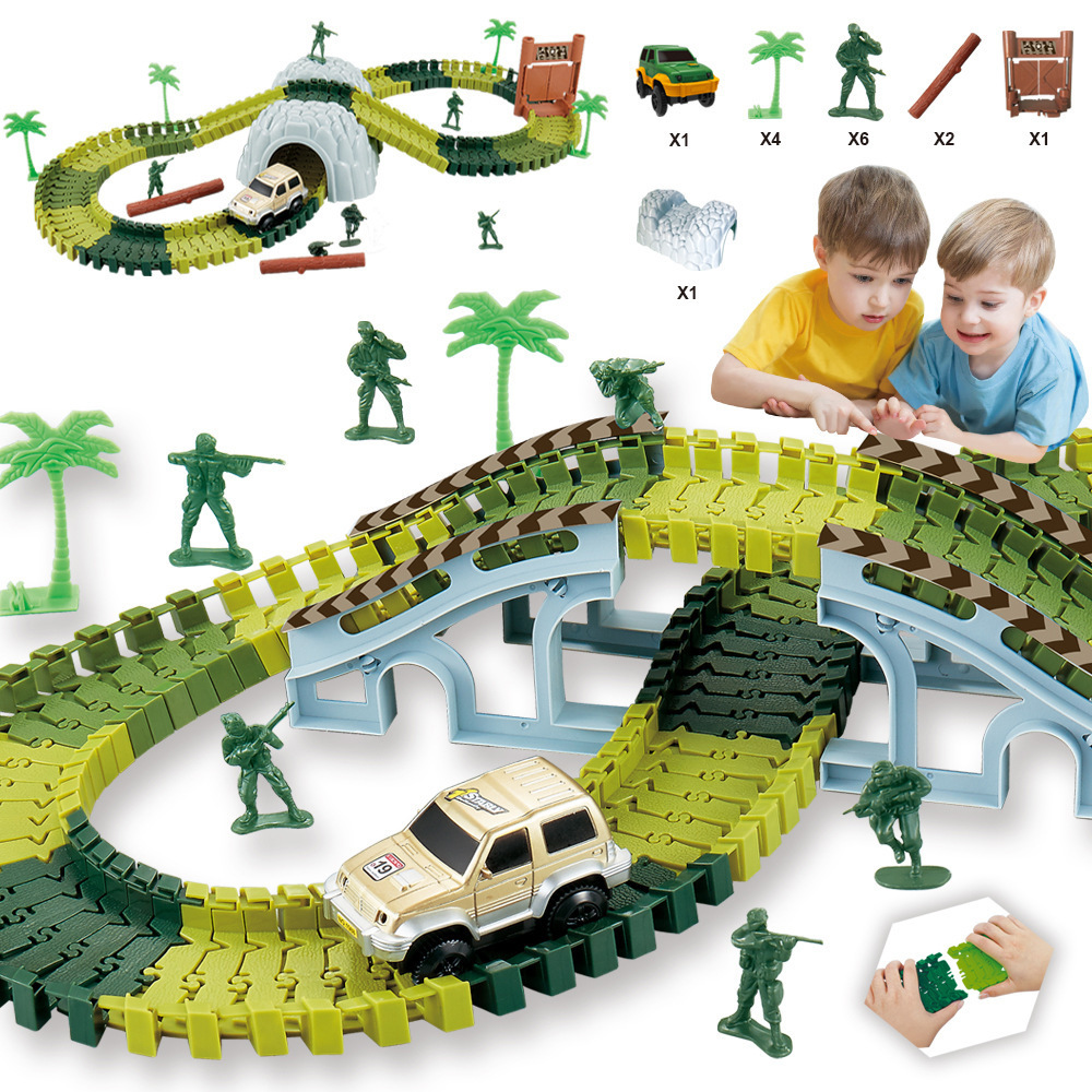 96pcs Children Boys Slot Railway Car Toy Educational Military Model Diy Assembly Set Tunnel Door Tree Kids Electric Racing Track