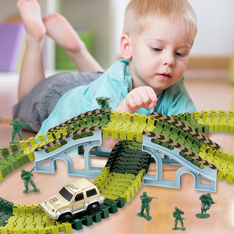 96pcs Children Boys Slot Railway Car Toy Educational Military Model Diy Assembly Set Tunnel Door Tree Kids Electric Racing Track