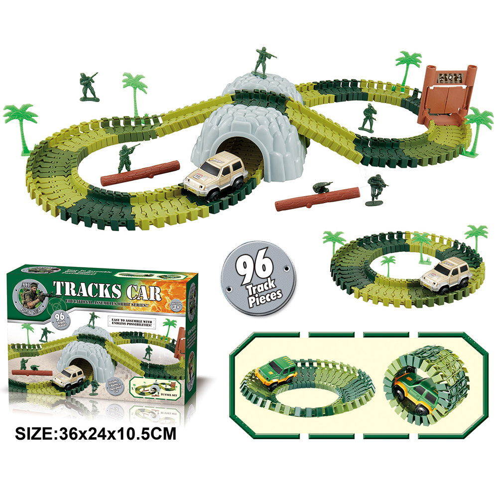 96pcs Children Boys Slot Railway Car Toy Educational Military Model Diy Assembly Set Tunnel Door Tree Kids Electric Racing Track