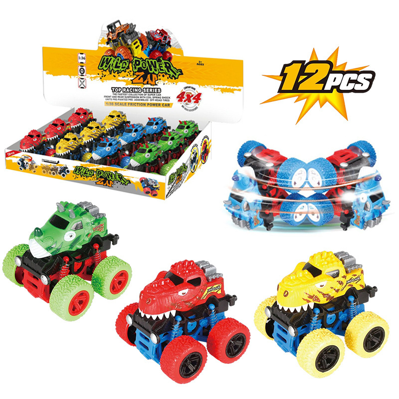 12pcs Push and Go Inetia Dinosaur Truck Kids 360 Degrees Rolling Big Wheel Vehicle Toy Shock Absorption 4x4 Friction Stunt Car