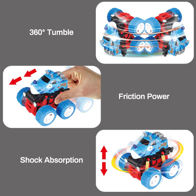 12pcs Push and Go Inetia Dinosaur Truck Kids 360 Degrees Rolling Big Wheel Vehicle Toy Shock Absorption 4x4 Friction Stunt Car