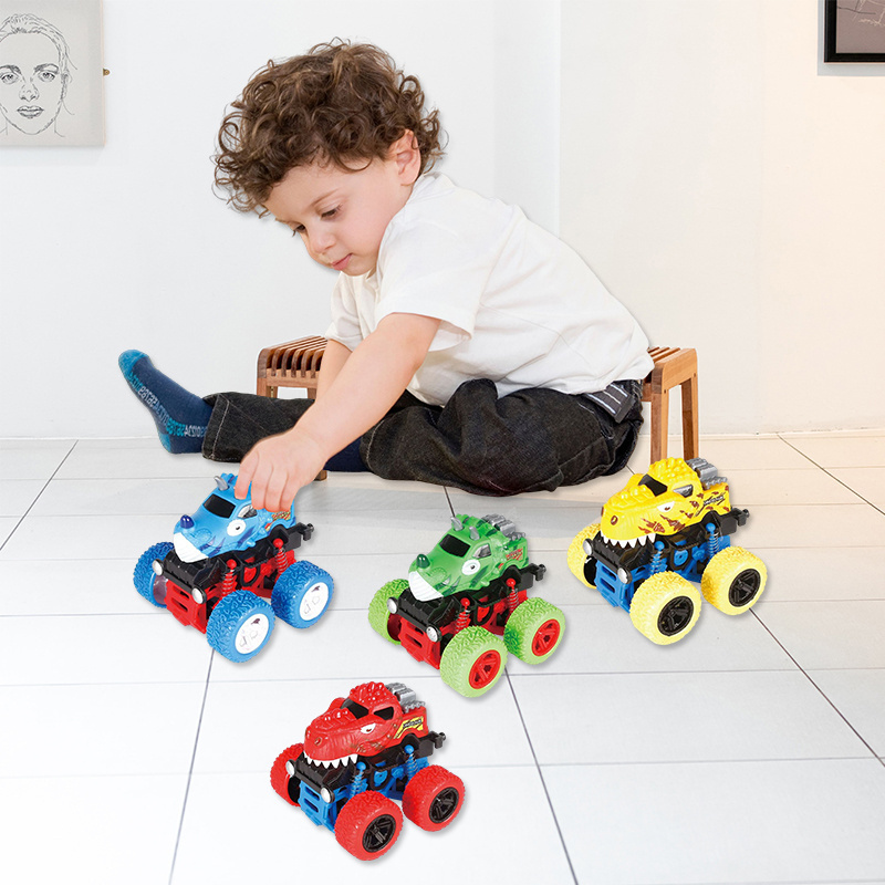 12pcs Push and Go Inetia Dinosaur Truck Kids 360 Degrees Rolling Big Wheel Vehicle Toy Shock Absorption 4x4 Friction Stunt Car