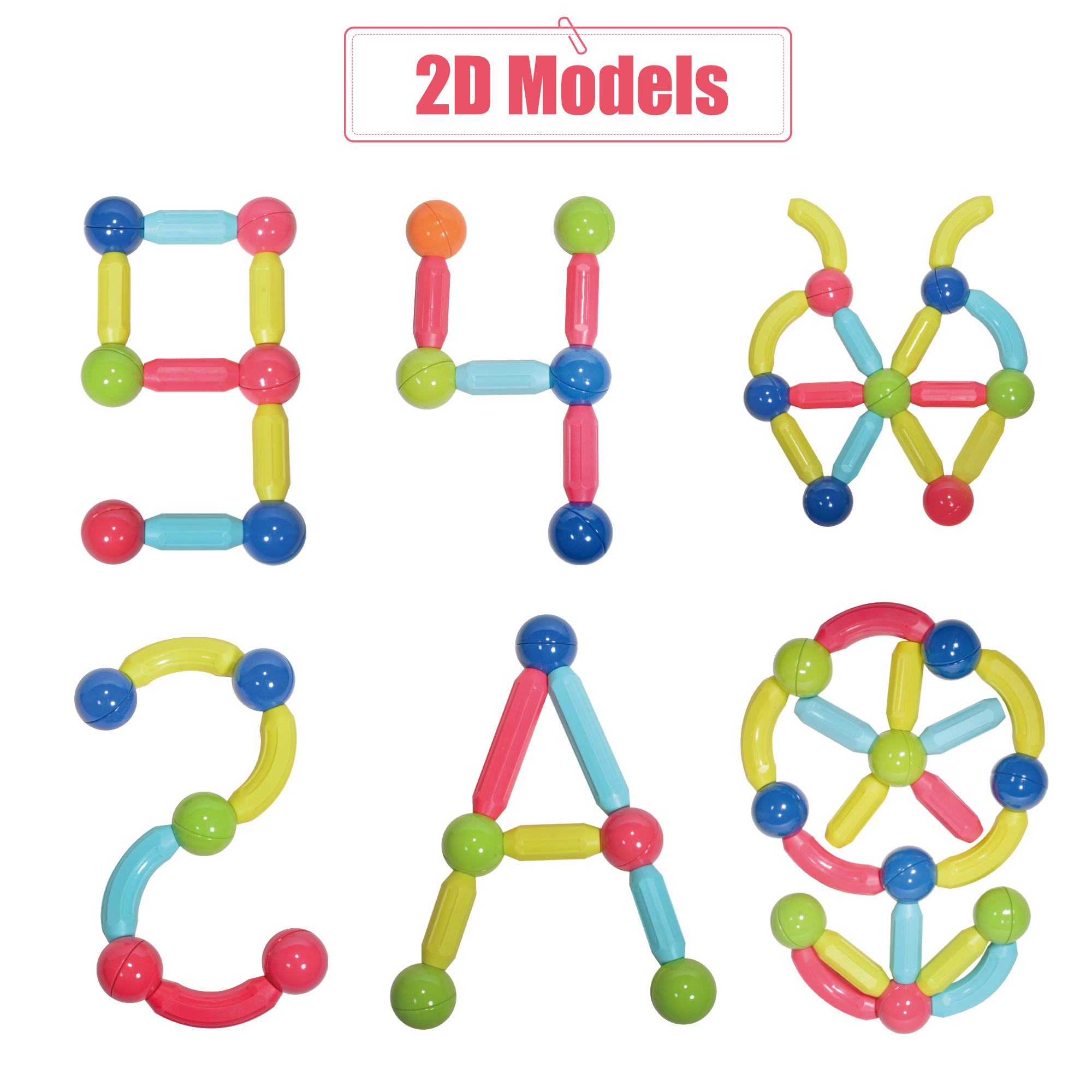 Kids DIY Flexible Connect Plastic Bar Toy Set Montessori Educational STEM 64PCS Sticks and Balls 3D Magnetic Blocks for Children