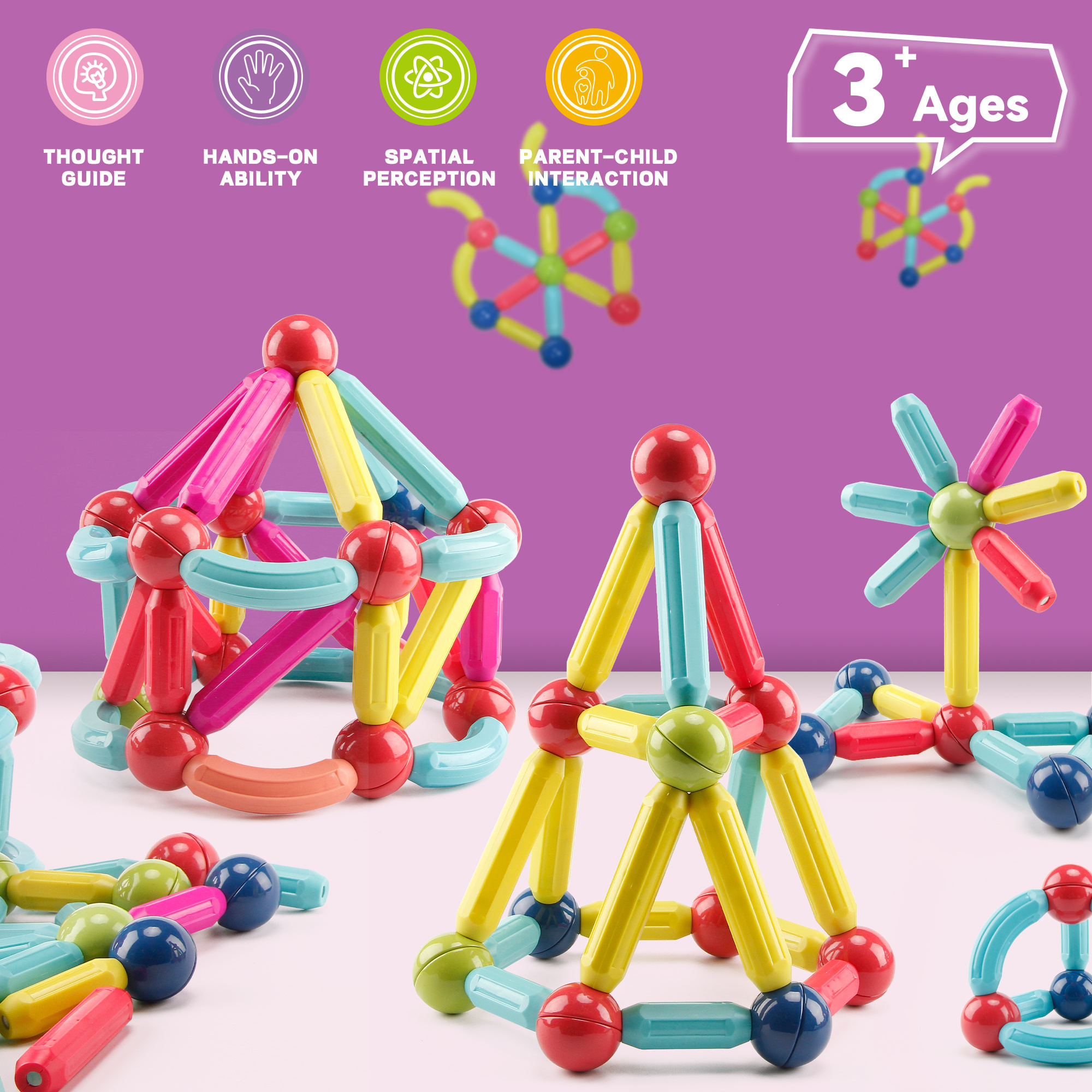 Kids DIY Flexible Connect Plastic Bar Toy Set Montessori Educational STEM 64PCS Sticks and Balls 3D Magnetic Blocks for Children