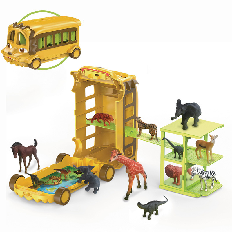 Children Cute Cartoon Lion Car Forest Animals Transporter Set Kids Plastic Zoo Animals Toy Storage Bus with 12PCS Wild Animals