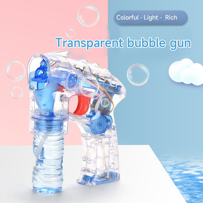 Summer Outdoor Battery Operated Lighting Transparent Space Bubble Blower Gun Kids Automatic Bubble Gun with Bottle Solution