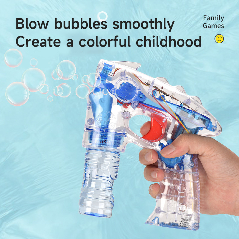 Summer Outdoor Battery Operated Lighting Transparent Space Bubble Blower Gun Kids Automatic Bubble Gun with Bottle Solution