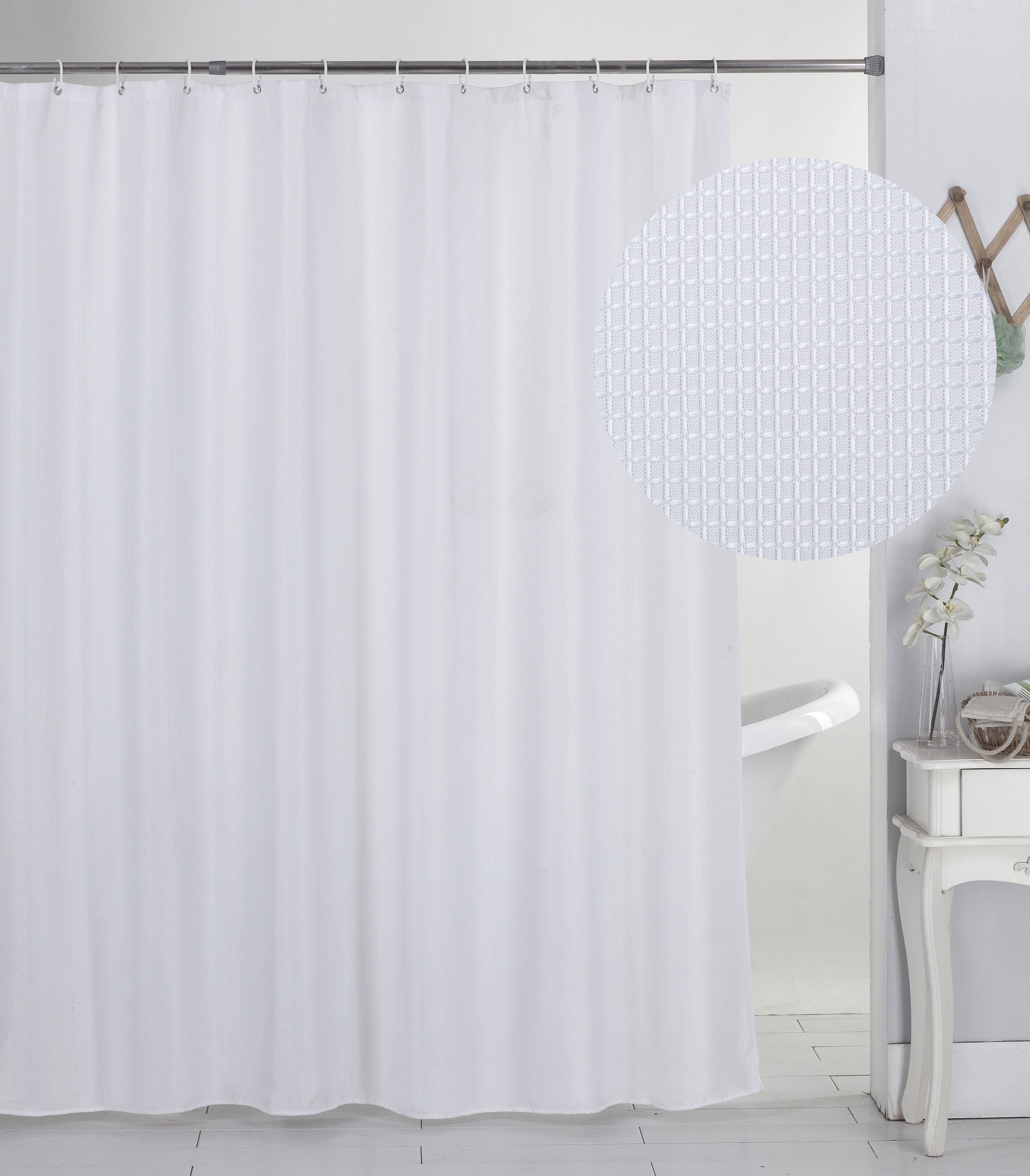 Waffle Weave Fabric Shower Curtain - White Cloth Shower Curtains for Bathroom Water Repellent 70x72 Inches