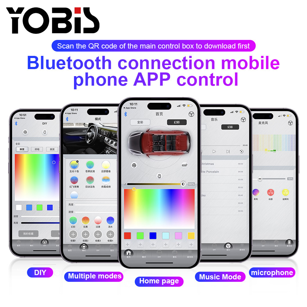 Yobis Car LED Accent Interior Ambient Light Strip Light with Phone APP Control Flexible Atmosphere Lamp Kit