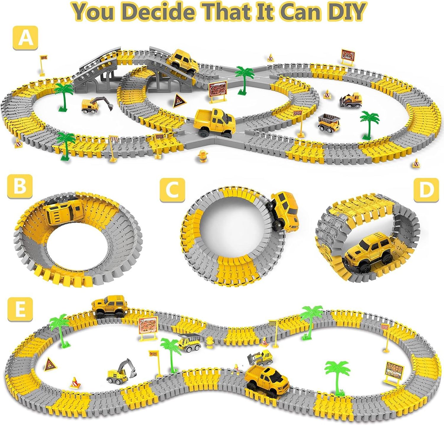 Kids Construction Toys 288 PCS Race Tracks Toy Road Games Toddler Best Gift 5 PCS Truck Car and Flexible Track Play Set