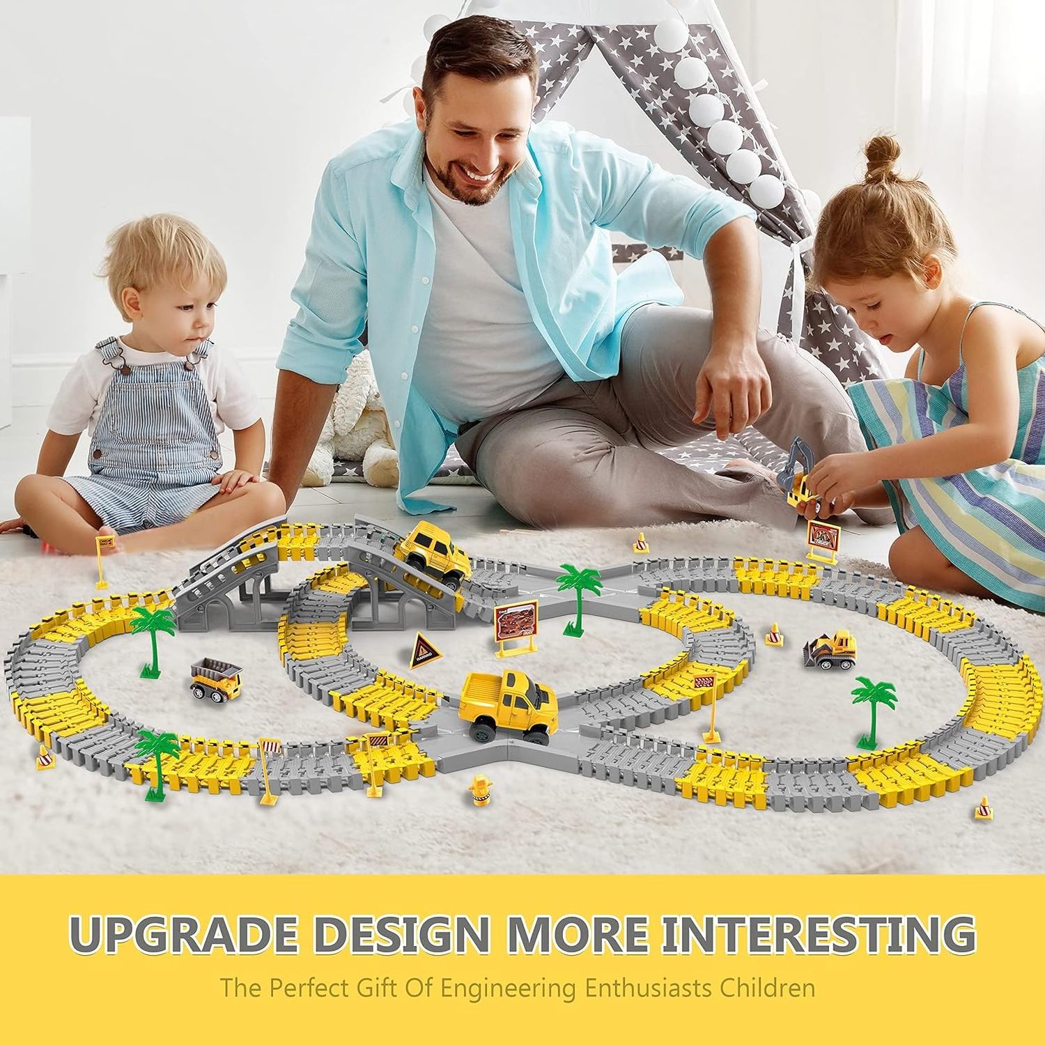 Kids Construction Toys 288 PCS Race Tracks Toy Road Games Toddler Best Gift 5 PCS Truck Car and Flexible Track Play Set