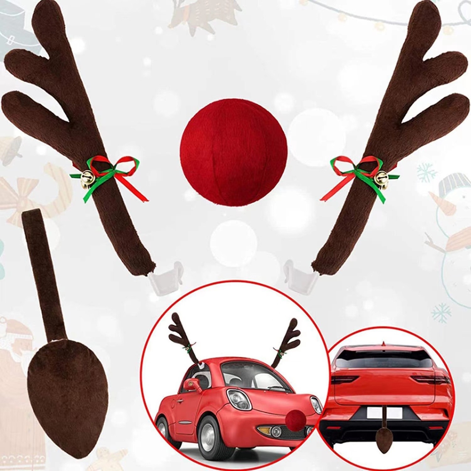 Car Reindeer Antlers Nose Decorations with Jingle Bell Nose and Tail for Truck, Xmas Gift Set Christmas Antlers Car Kit