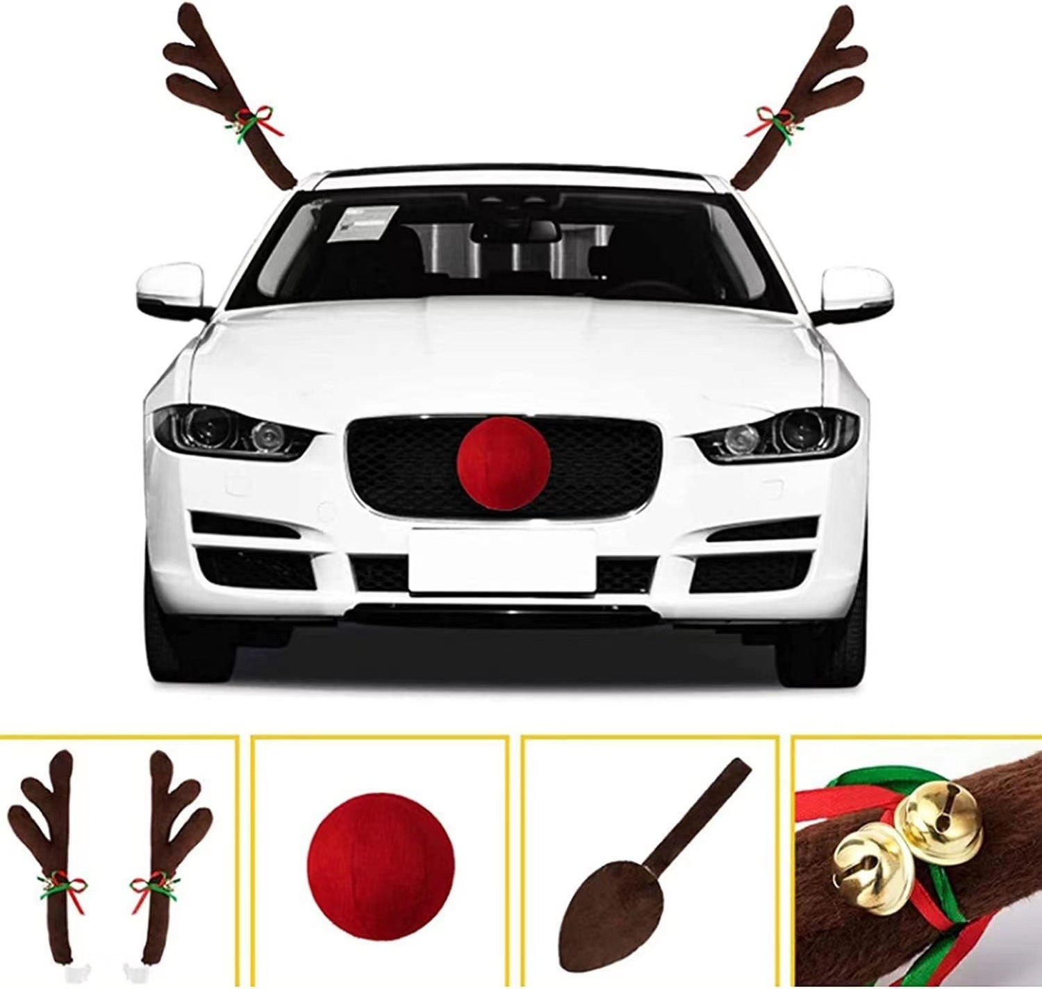 Car Reindeer Antlers Nose Decorations with Jingle Bell Nose and Tail for Truck, Xmas Gift Set Christmas Antlers Car Kit