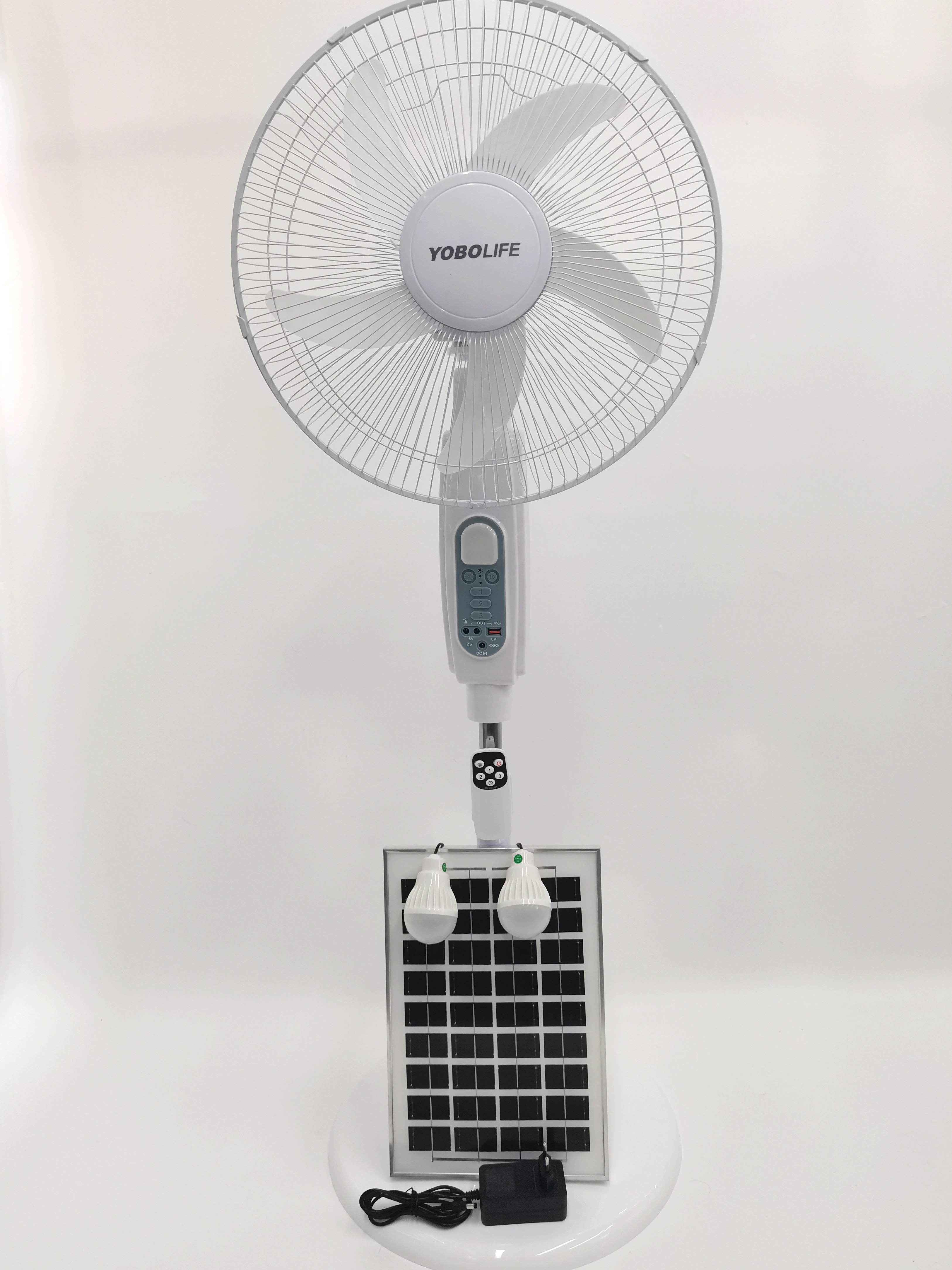 Factory Price NEW 16 Inch Dc Ac Operated Solar Remote-Control Fan with LED Light USB Output Charger For Home Outdoor