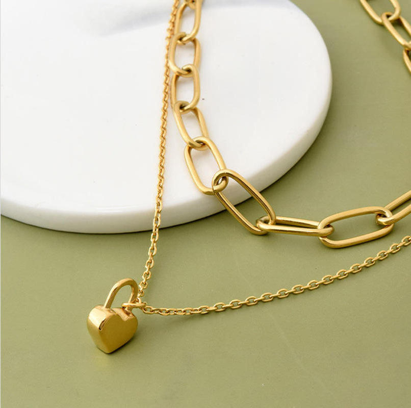 Latest Fashion Statement Design Gold Plating Link Chain Padlock Necklace Stainless Steel Circle Chain Heart Lock Necklace