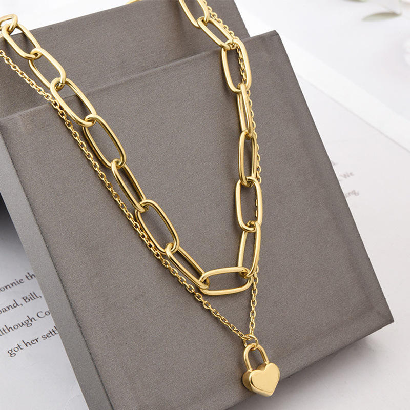 Latest Fashion Statement Design Gold Plating Link Chain Padlock Necklace Stainless Steel Circle Chain Heart Lock Necklace