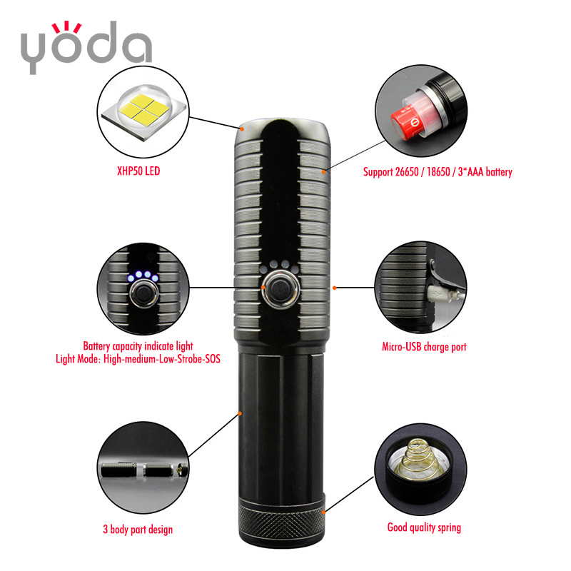 3 AAA 26650 18650 battery USB waterproof super bright rechargeable high power xhp 50 led flashlight