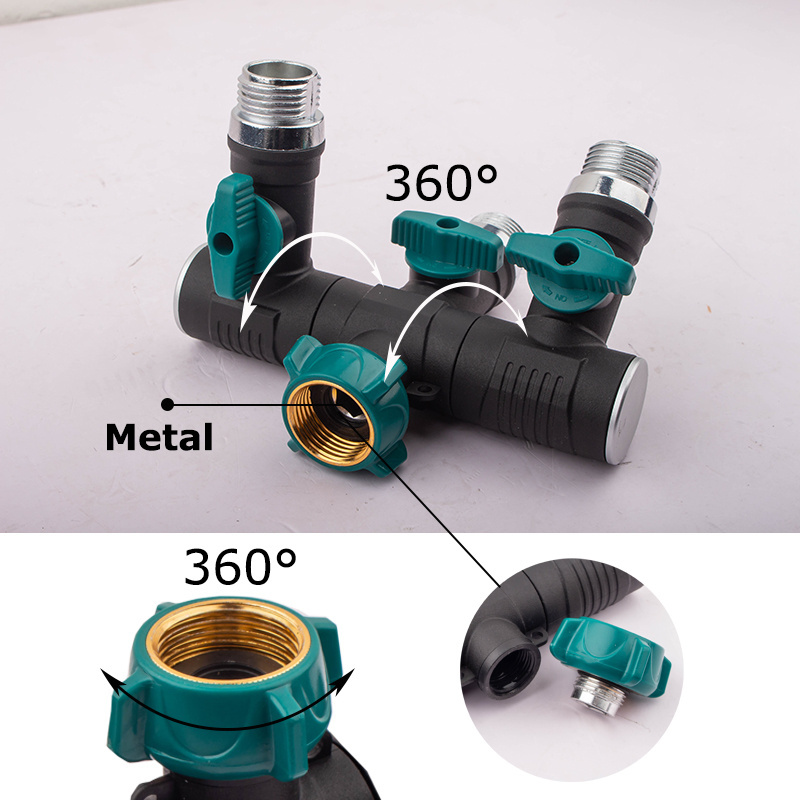 Heavy Duty 3 Way 360-degree rotation garden hose brass splitter connector Outdoor Faucet  With Shut off metal Valve