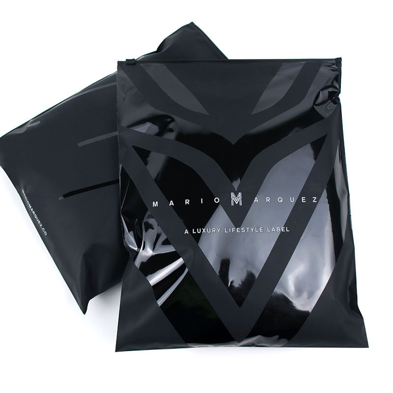 Custom Logo Waterproof Matte Black Spot UV Plastic Ziplock Clothes T Shirt Swimwear Packaging Slider Zipper Bags