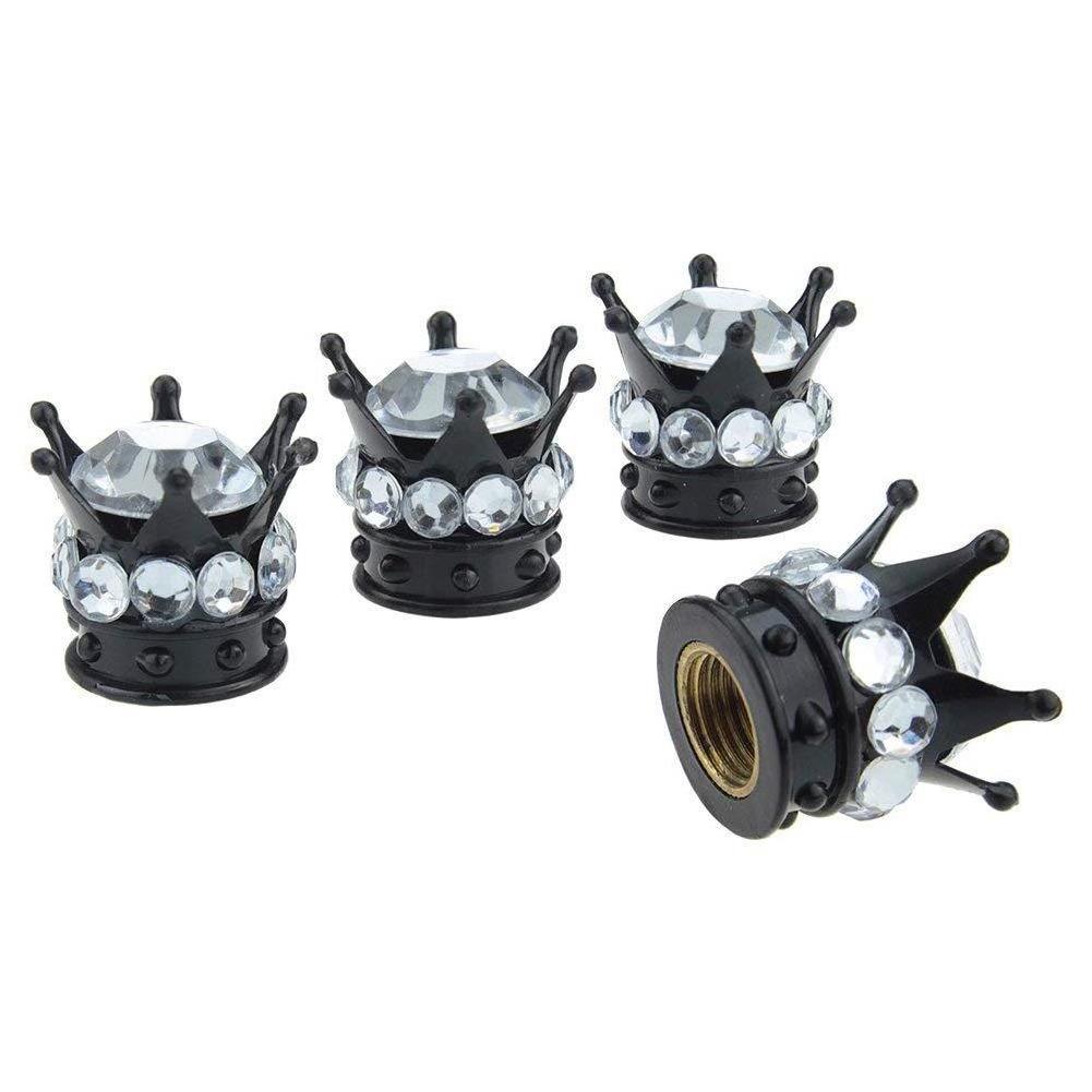 4Pcs Tire/Wheel Stem Valve Caps Chrome Black Crown Bling Diamond Tire Valve Cover for Car