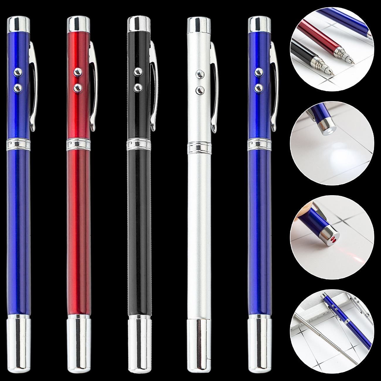 5 in 1 Red Laser Pointer Retractable Pen Telescopic Antenna Teaching Pointer Magnet Pen LED Flashlight Ball Pen with Tin Box