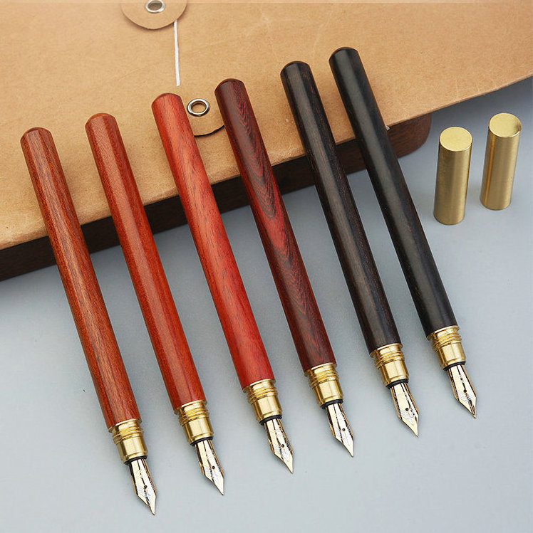 RTS Elegant Handmade Wooden Fountain Pen Wholesale Bulk Customizable Ink Cartridge No Leakage Brass Trims Wood Fountain Pen