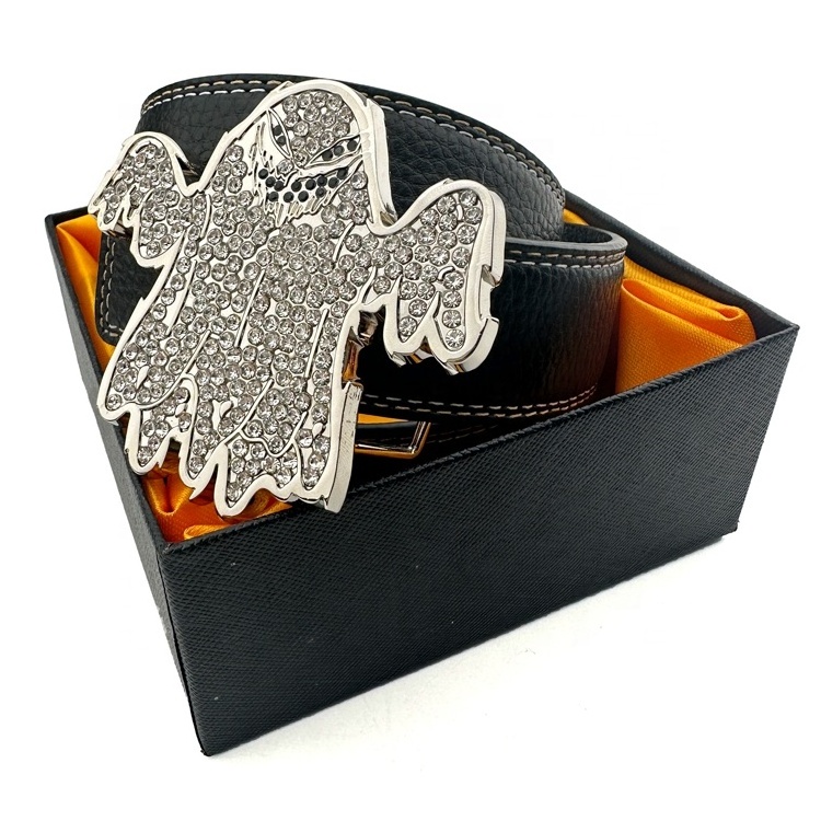 Ghost Shape Shiny Rhinestone Metal Belt Buckle Custom Brand Logo Silver Plating Metal 38mm Alloy Buckle for Man