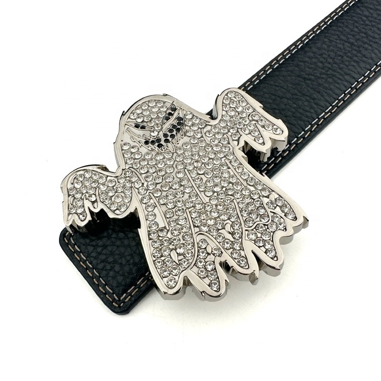 Ghost Shape Shiny Rhinestone Metal Belt Buckle Custom Brand Logo Silver Plating Metal 38mm Alloy Buckle for Man