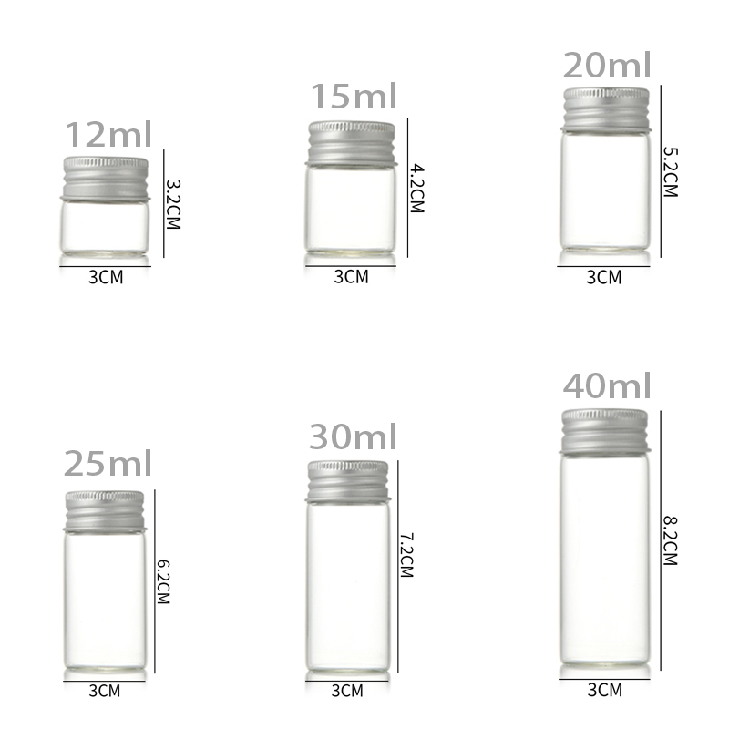 MIni glass tube 5ml 10ml 15ml 20ml 25ml 30ml 50ml 60ml 100ml 120ml clear glass storage vial bottle with aluminium screw cap