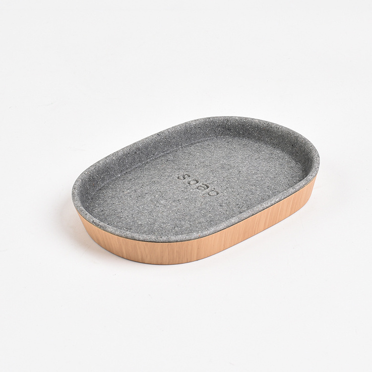 Oval Grey Concrete Effect and Hand-painted Wood Grain Resin Soap Dish