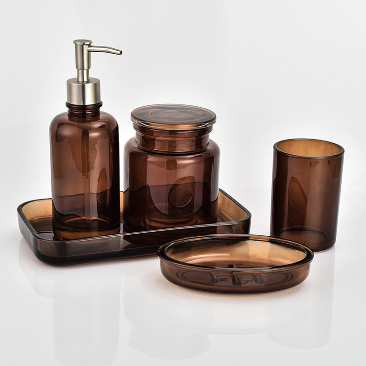 Modern Bathroom Countertop Amber Glass 5 pcs Bathroom Accessory Set