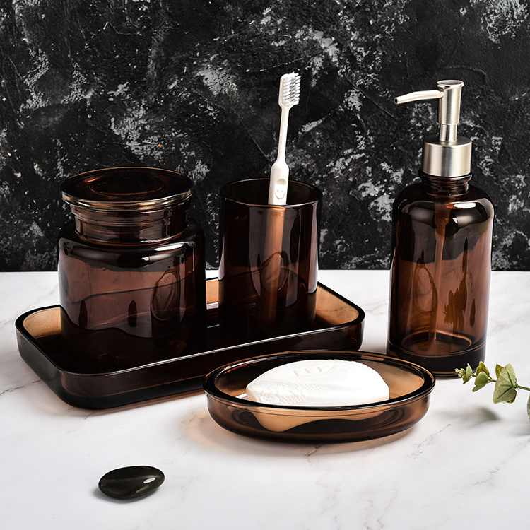 Modern Bathroom Countertop Amber Glass 5 pcs Bathroom Accessory Set