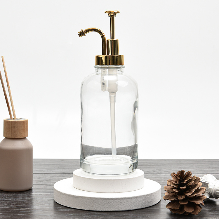 500ml High Quality Transparent Vintage Classic Thick Glass Hand Soap Dispenser with Retro Golden Plastic Lotion Pump