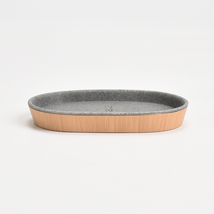 Oval Grey Concrete Effect and Hand-painted Wood Grain Resin Soap Dish