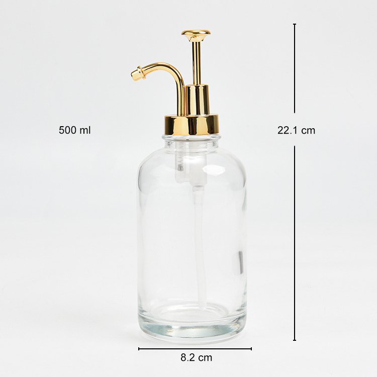 500ml High Quality Transparent Vintage Classic Thick Glass Hand Soap Dispenser with Retro Golden Plastic Lotion Pump