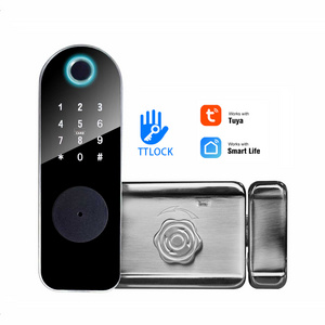 Ttlock Tuya Wifi App Electric Rim Lock Smart Digital Key Card Password Biometric Fingerprint Gate Rim Latch Lock Black Cloud YR7