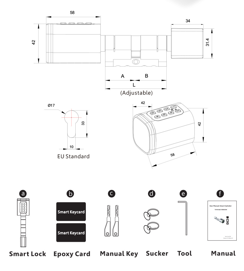 TUYA APP Euro Cylinder Door Lock Europe Adjustable Cylinder Size password Waterproof Smart Cylinder Lock S1K