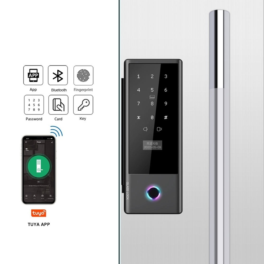 Digital Glass Door Smart Lock Biometric Fingerprint Tuya App Unlock Ttlock Lock Key Card Nfc Password Wifi or Ble Link Lock