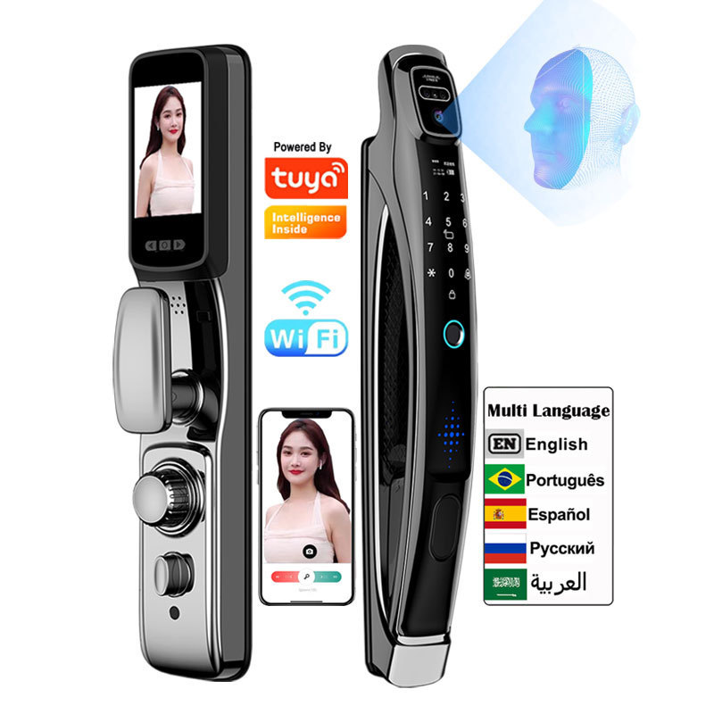 Video Visual Intercom Electronic Lock with Camera Screen Multilingual Voice Face Recognition Digital Smart Lock Fingerprint Lock