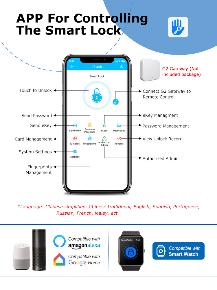 TTlock Ble App Smart Door Lock Waterproof Fingerprint Code Electronic Door Lock Nfc Rfid Key Card Wireless Digital Smart Lock