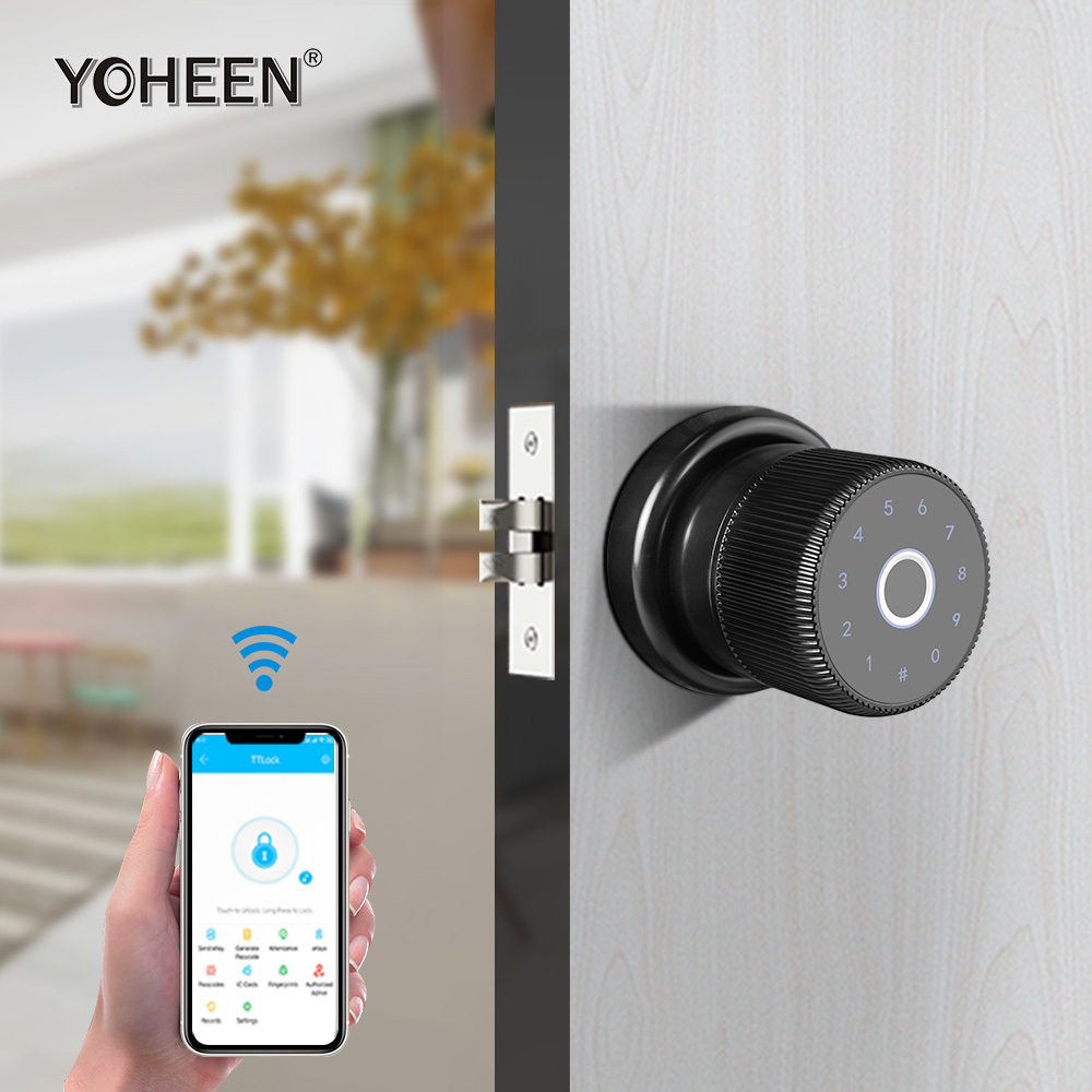 YOHEEN Zinc Knob TTlock App Ble WiFi Control Handle Door Lock Electronic Digital Card Biometric Fingerprint Smart Lock