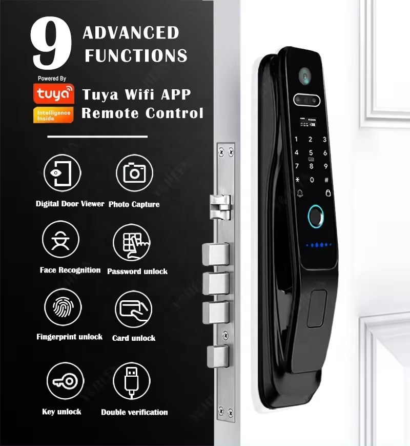 Manufacturer Fully Automatic Tuya Wifi Multi Language Visual Intercom 3d Face Recognition Tuya Wifi Smart Door Lock With Camera