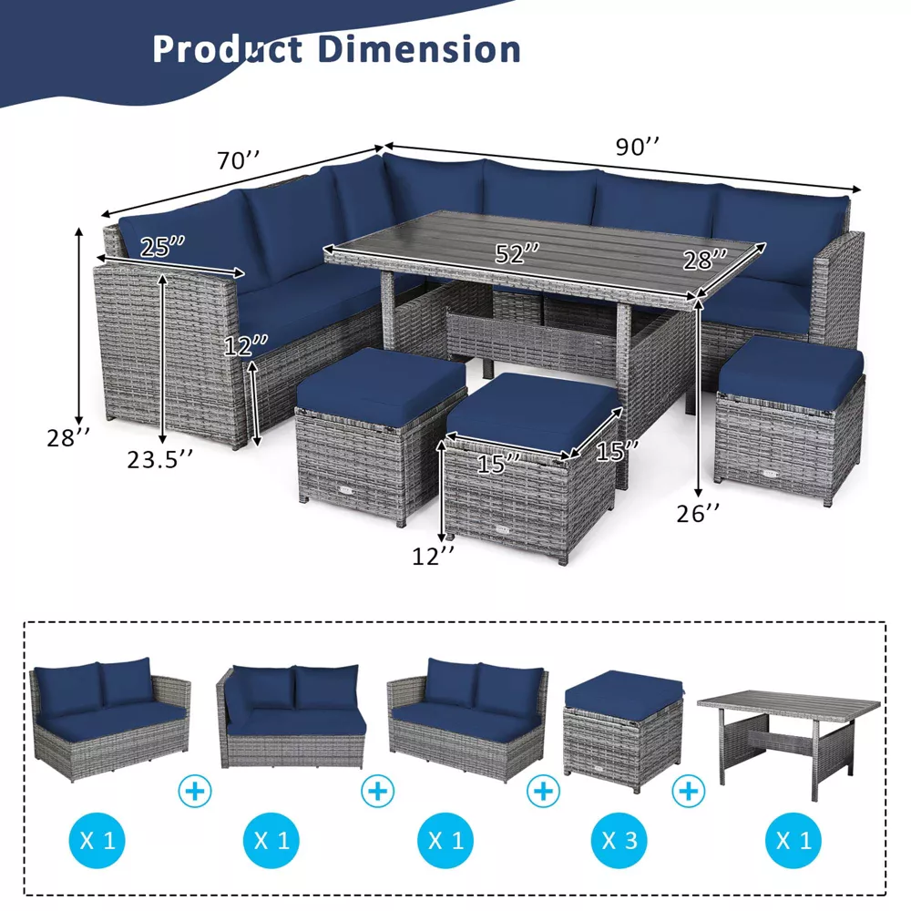 Yoho 7 PCS Patio Rattan Dining Set Sectional Sofa Couch Ottoman Garden Sofa With White\Red\Black